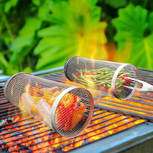Stainless Steel Rolling BBQ Grill Basket – Leak-Proof Mesh Cylinder for Outdoor Grilling, Camping & Picnic Cooking