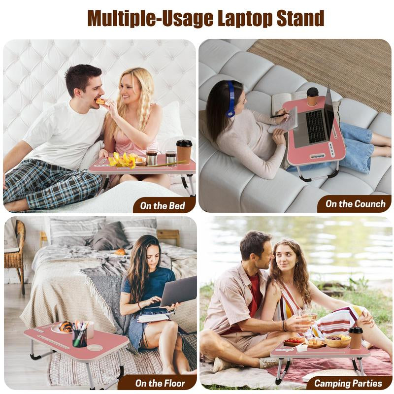 Foldable Laptop Desk for Bed – Portable Bed Table with USB Charging Port, Storage Drawer & Cup Holder