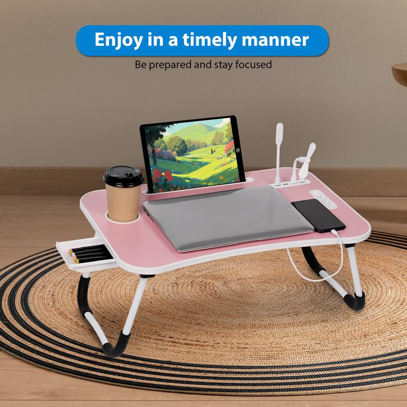 Foldable Laptop Desk for Bed – Portable Bed Table with USB Charging Port, Storage Drawer & Cup Holder