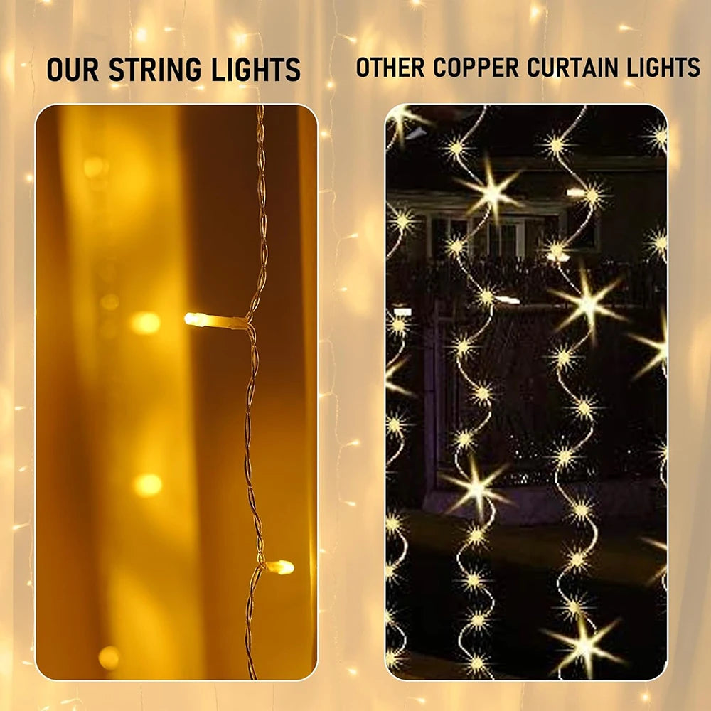300-LED Curtain Fairy String Lights – 8 Lighting Modes for Christmas, Weddings, Parties & Garden Decorations