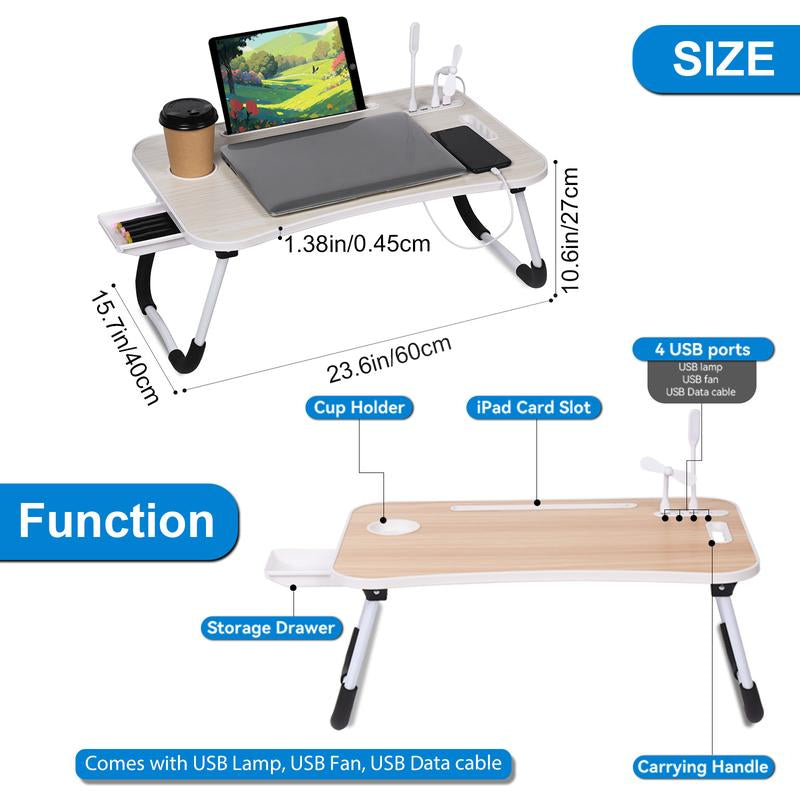 Foldable Laptop Desk for Bed – Portable Bed Table with USB Charging Port, Storage Drawer & Cup Holder