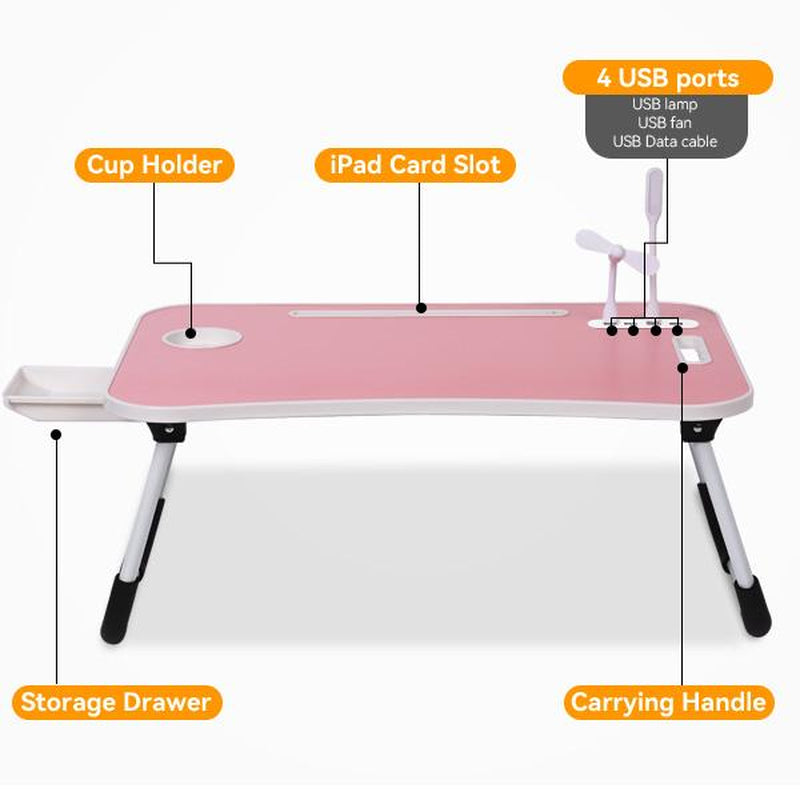 Foldable Laptop Desk for Bed – Portable Bed Table with USB Charging Port, Storage Drawer & Cup Holder