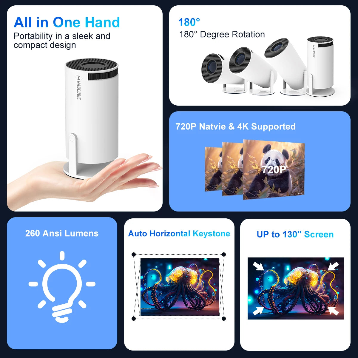 4K Projector with Android 11 – 260 ANSI, Dual WiFi, 180° Flexibility, BT 5.0 for Portable Home Cinema