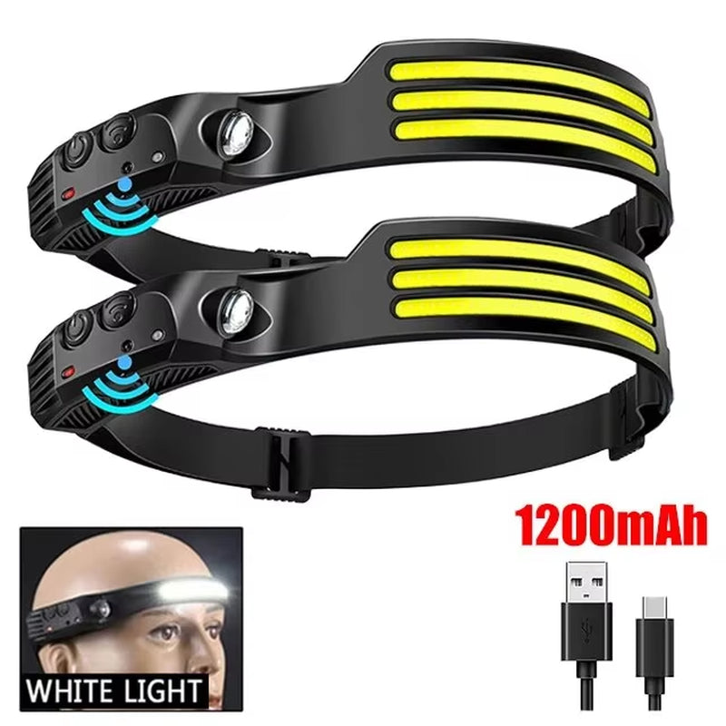 COB LED Rechargeable Headlamp – Motion Sensor Headlight with USB Charging for Camping, Fishing & Outdoor Use