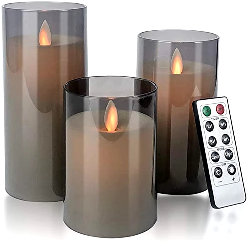 Glass Flameless Flickering LED Pillar Candles – Battery Operated with Remote, Real Wax & 3D Wick for Wedding, Festival, and Home Decoration (Gray, Pack of 3)