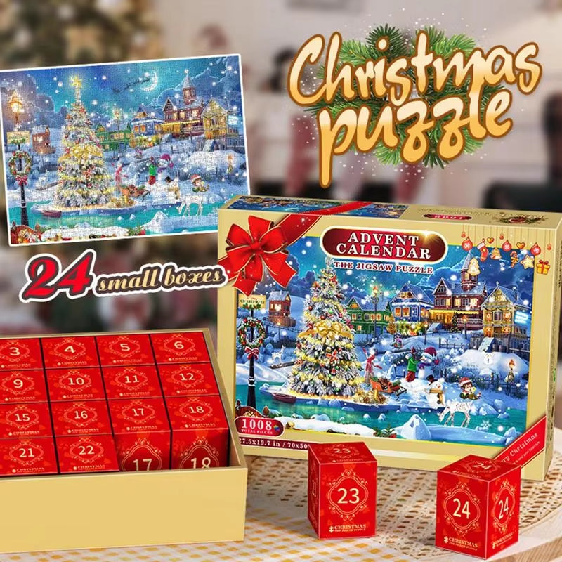 Christmas Puzzle Advent Calendar – 24-Day Countdown with 1008-Piece Jigsaw Puzzle & Blind Gift Box – Perfect Stocking Stuffer