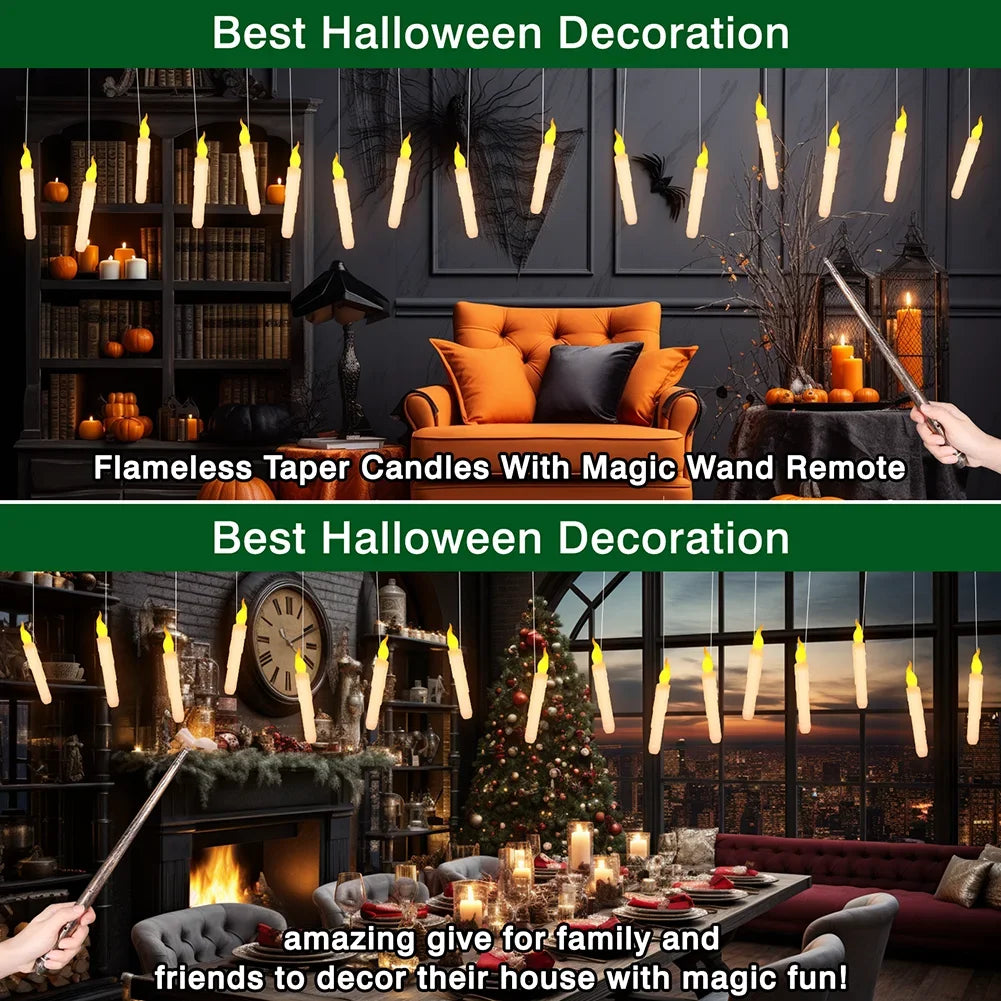 LED Floating Flameless Candles with Magic Wand – Flickering Warm Light for Christmas & Halloween Parties (Set of 12/48)