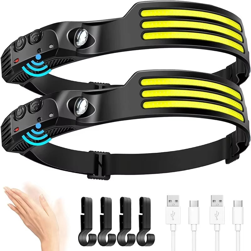 COB LED Rechargeable Headlamp – Motion Sensor Headlight with USB Charging for Camping, Fishing & Outdoor Use