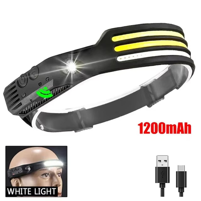 COB LED Rechargeable Headlamp – Motion Sensor Headlight with USB Charging for Camping, Fishing & Outdoor Use
