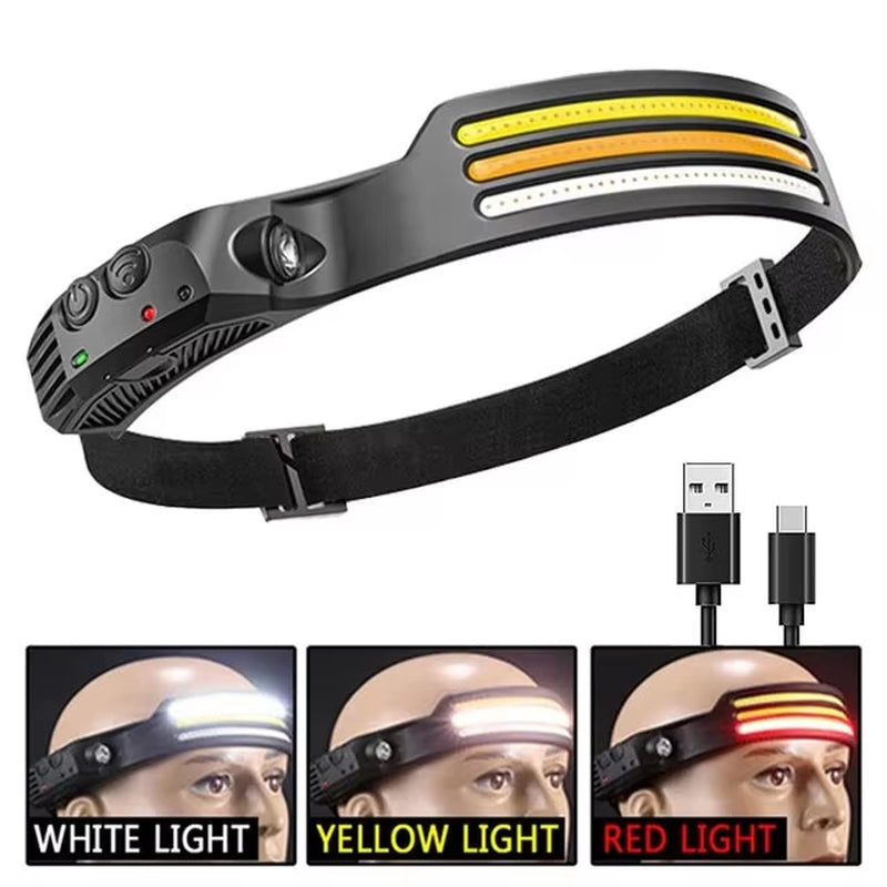 COB LED Rechargeable Headlamp – Motion Sensor Headlight with USB Charging for Camping, Fishing & Outdoor Use