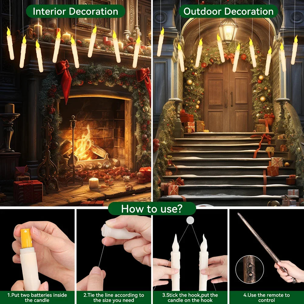 LED Floating Flameless Candles with Magic Wand – Flickering Warm Light for Christmas & Halloween Parties (Set of 12/48)