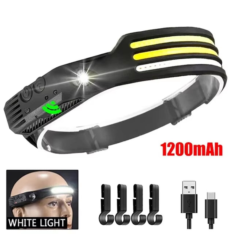 COB LED Rechargeable Headlamp – Motion Sensor Headlight with USB Charging for Camping, Fishing & Outdoor Use