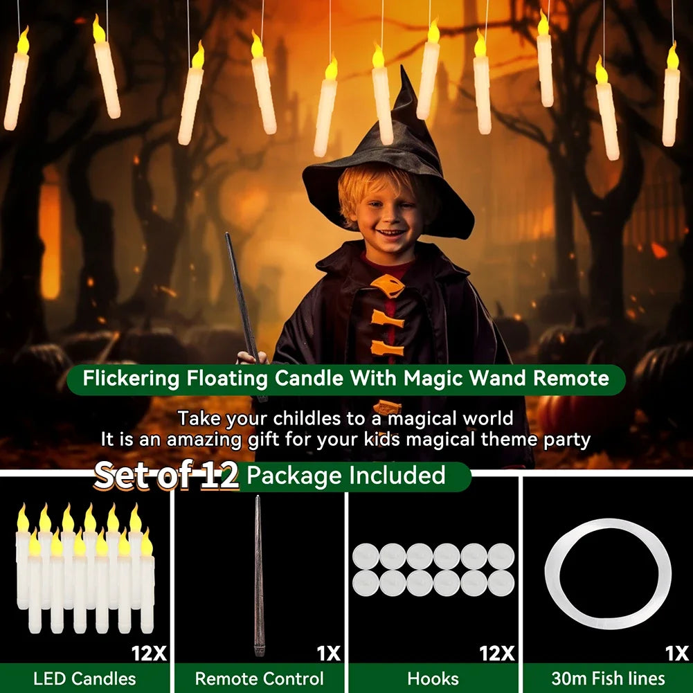 LED Floating Flameless Candles with Magic Wand – Flickering Warm Light for Christmas & Halloween Parties (Set of 12/48)