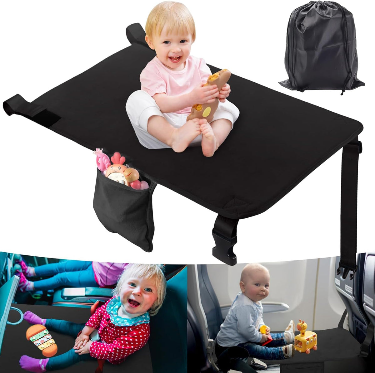 Toddler Airplane Travel Bed – Portable Kids Seat Extender for Airplane, Kids Travel Essentials with Drawstring Bag, 31.3 X 17.3 Inches, Black