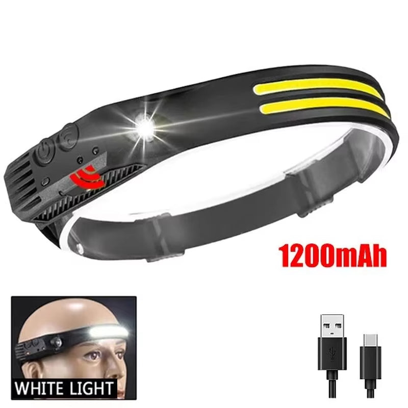COB LED Rechargeable Headlamp – Motion Sensor Headlight with USB Charging for Camping, Fishing & Outdoor Use