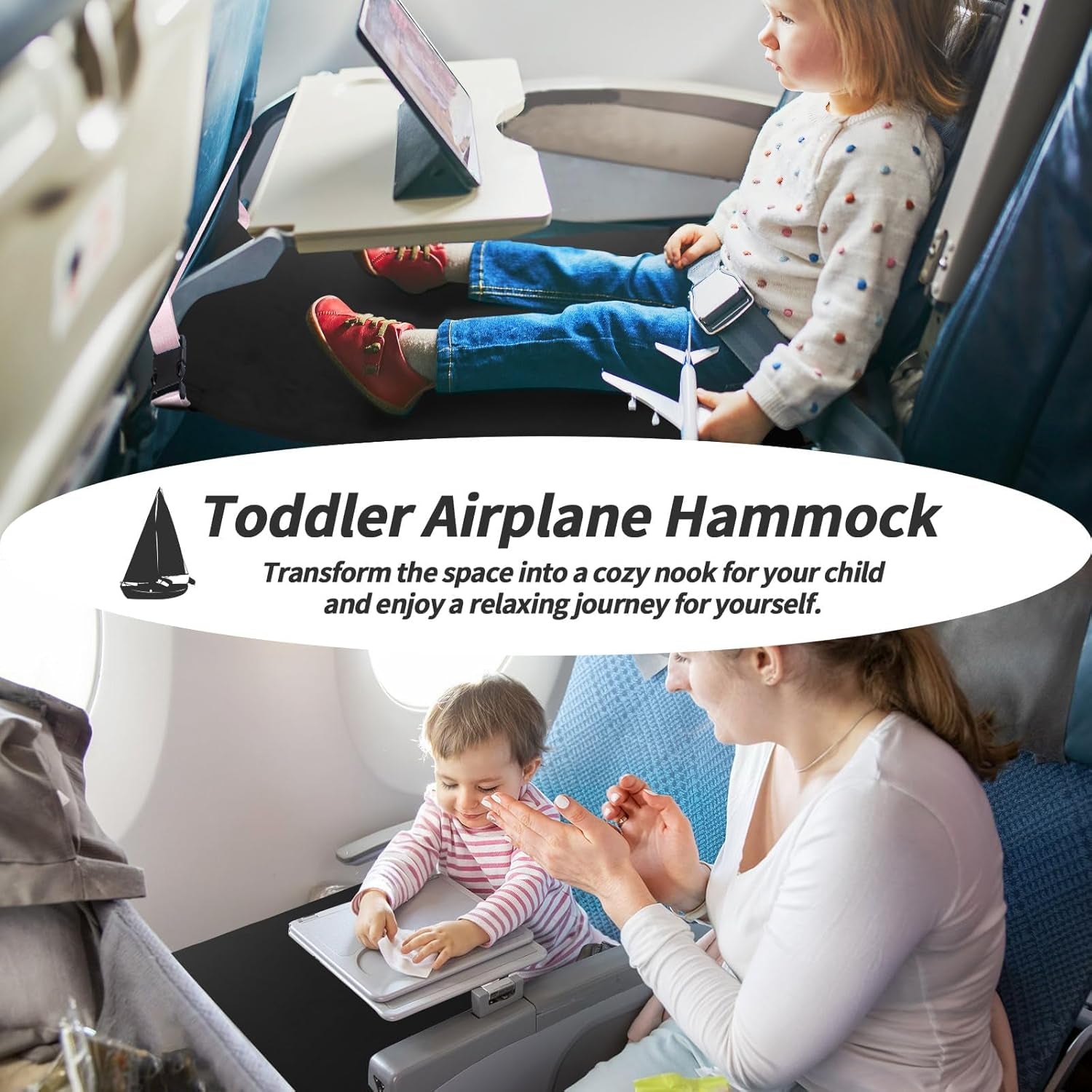 Toddler Airplane Travel Bed – Portable Kids Seat Extender for Airplane, Kids Travel Essentials with Drawstring Bag, 31.3 X 17.3 Inches, Black