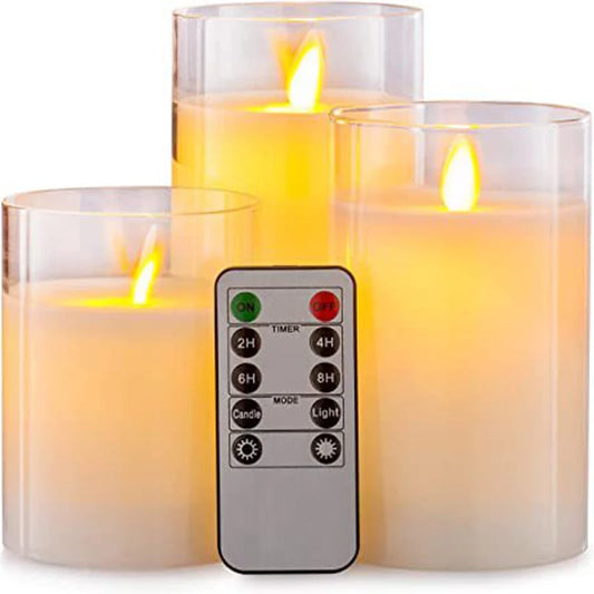 Glass Flameless Flickering LED Pillar Candles – Battery Operated with Remote, Real Wax & 3D Wick for Wedding, Festival, and Home Decoration (Gray, Pack of 3)