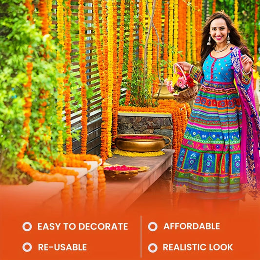 Artificial Marigold Garland – Long Strands for Pooja, Diwali, Weddings, and Festive Decorations
