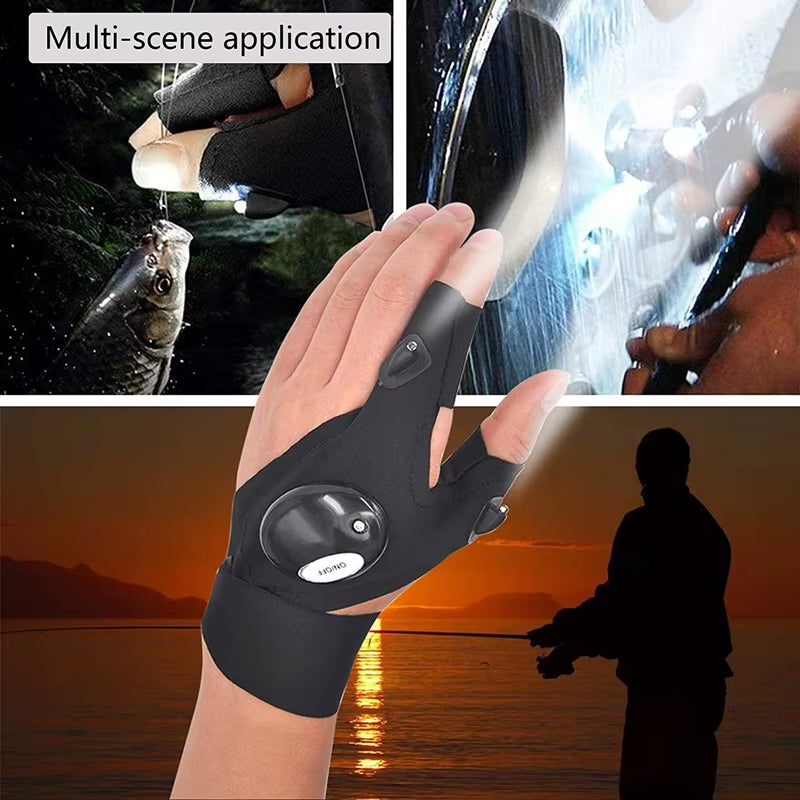 LED Flashlight Fingerless Gloves – Waterproof Hands-Free Torch for Fishing, Camping, Hiking & Outdoor Survival