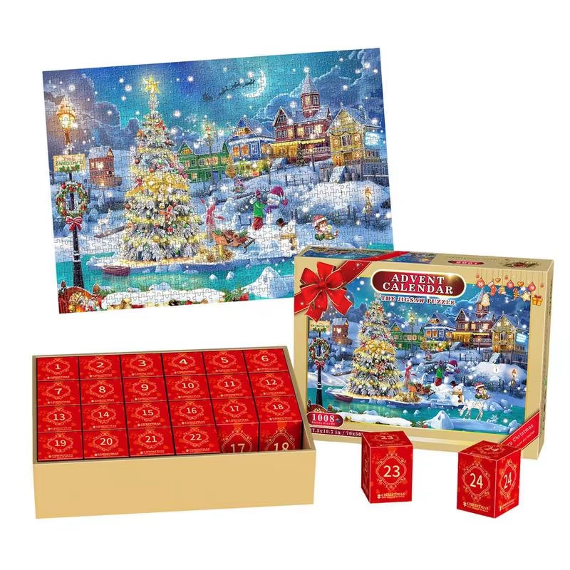 Christmas Puzzle Advent Calendar – 24-Day Countdown with 1008-Piece Jigsaw Puzzle & Blind Gift Box – Perfect Stocking Stuffer