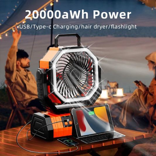 20,000mAh Portable Rechargeable Fan with LED Light & Hook – Perfect for Desk, Camping, Tent, and Car Trips