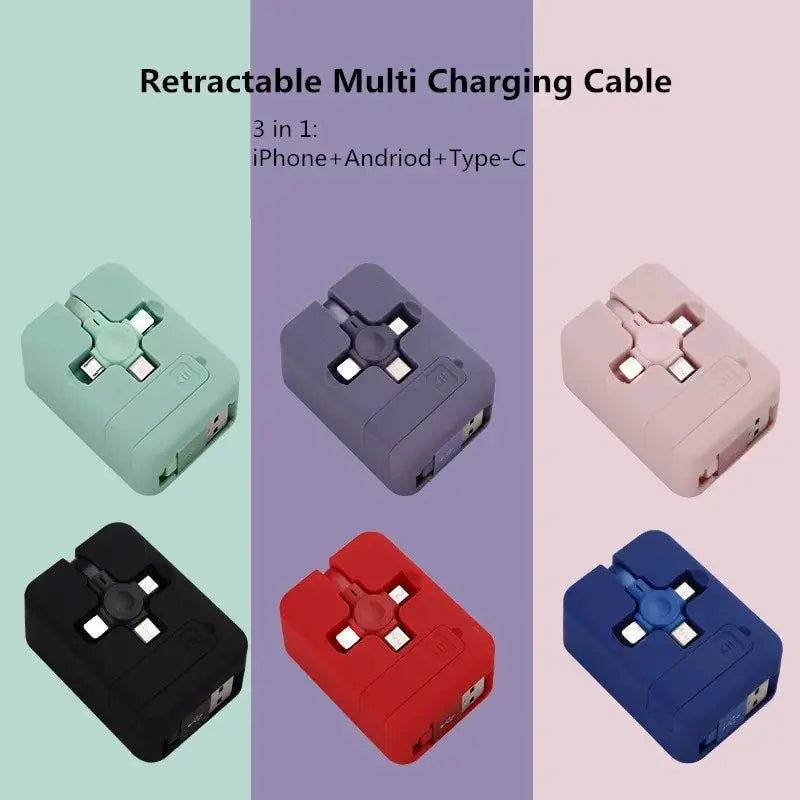 3-in-1 Retractable Multi Charging Cable – USB Compatible with iPhone, Android, Type-C, Portable Fast Charger & Phone Holder