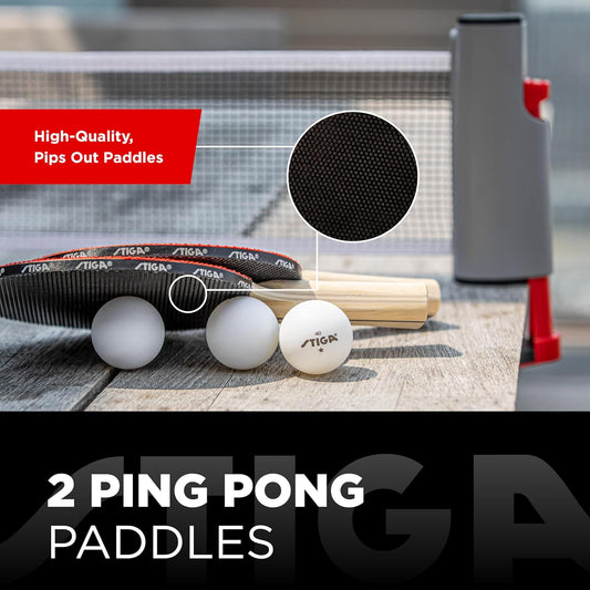 All-In-One Retractable Ping Pong Net Set - Includes 2 Ping Pong Paddles - 3 1-Star Balls | Mesh Storage Bag - Fits up to 72” Wide & 1.75” Thick Table - Clamp & Play on Any Surface